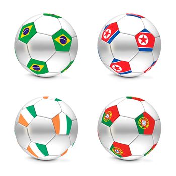 four footballs/soccer balls with the flags of Brasil, North Korea, Ivory Coast and Portugal - world championship South Africa 2010 group G