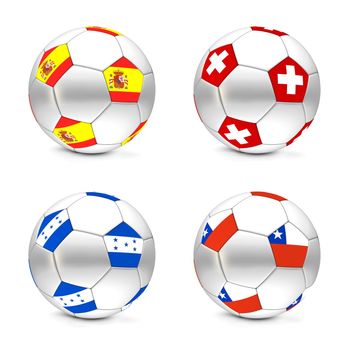 four footballs/soccer balls with the flags of Spain, Swiss, Honduras and Chile - world championship South Africa 2010 group H