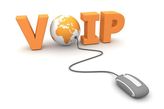 modern grey computer mouse connected to the orange word VoIP - the letter O is replaced by a globe