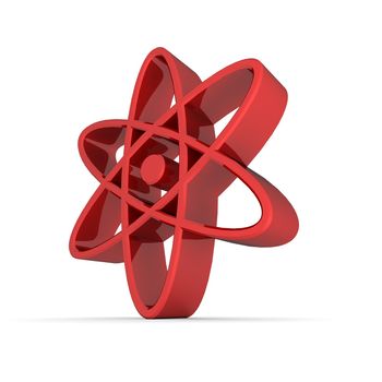 a red glossy atomic/nuclear symbol in 3D