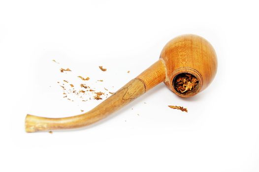 Single isolated tobacco pipe with tobacco on white background