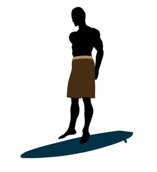 African american surfer on a surfboard silhouette illustration on a white background