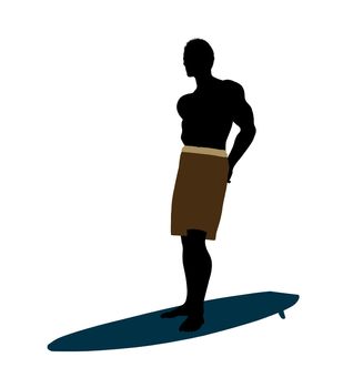 African american surfer on a surfboard silhouette illustration on a white background