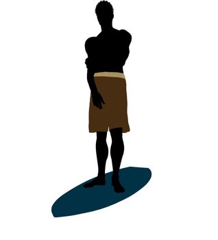 African american surfer on a surfboard silhouette illustration on a white background