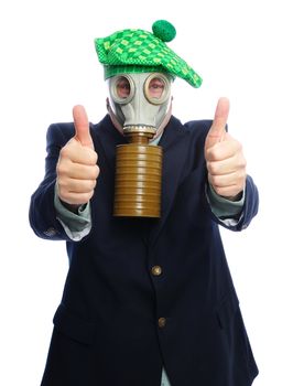 Man wearing a suit and gas mask on a white background