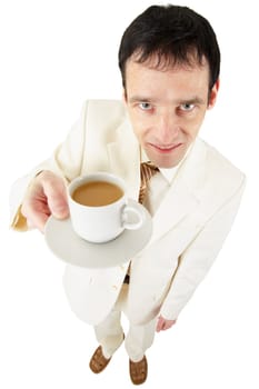 Funny man in a light suit offers a cup of coffee