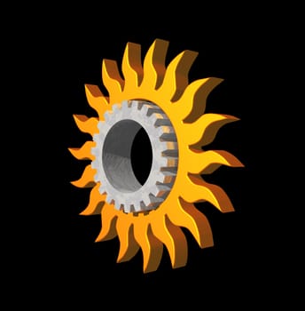 simple sun symbol and gearwheel on black background - 3d logo illustration
