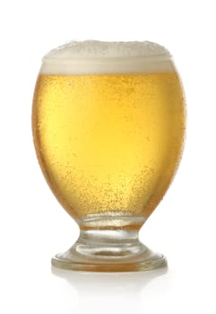 Glass of cold and fresh golden beer, over white background