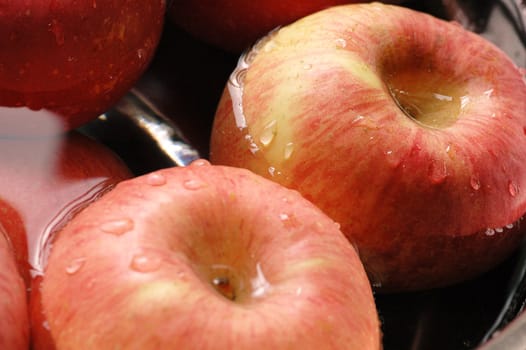 Fresh red apples floating on water in container