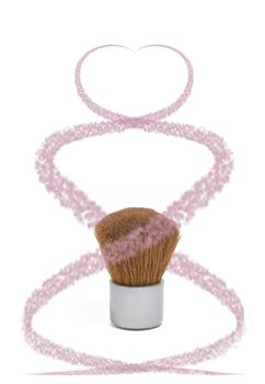 A cosmetic brush isolated on white background with symetrical swirls of blush wrapping around the brush.