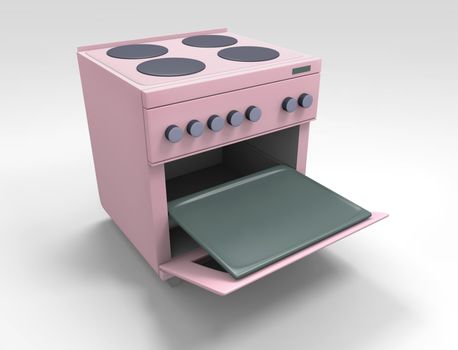 pink kitchen stove with open oven
