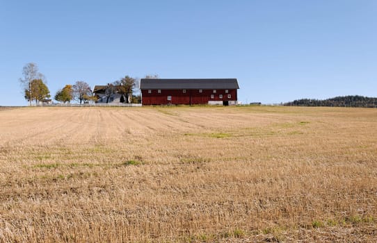 A harvested field with a red barn at a hilltop. Atypical Norwegian landscape.
