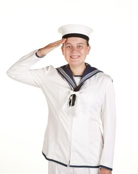 young female sailor saluting isolated on white