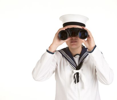 young female sailor with binoculars isolated on white