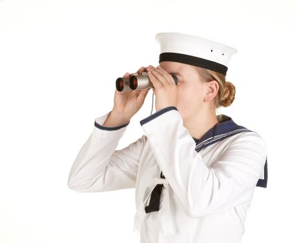 young female navy sailor with binoculars isolated on white