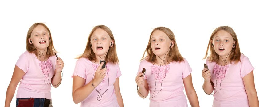 four images young girl dancing with generic mp3 isolated on white