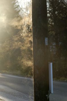 A streetlamp pole, frozen during the night, steams in the early morning sun.
