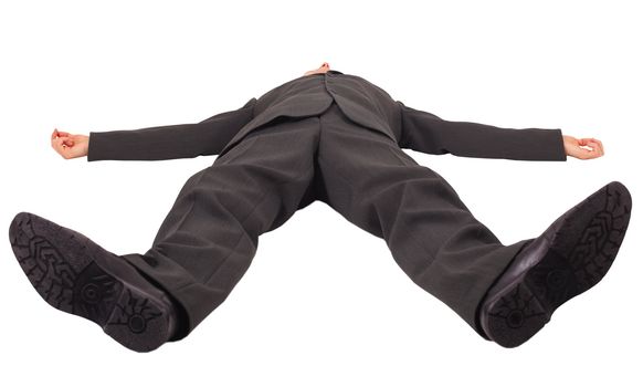 A man lies on his back legs forward isolated on a white background