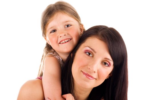 Happy young mother and daughter on isolated background