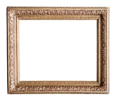 Old carved wooden picture frame painted with gold, isolated on white. Clipping path included to put your own pictures in.