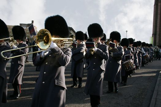 Band leads the 1st battalion Irish Guards on a march after returning from a tour of duty in Iraq