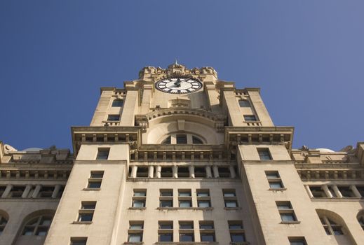 Looking up at the Liver Building clock with a clear blue sky, Liverpool UK