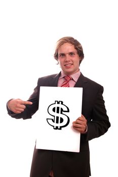 businessman with board with money sign