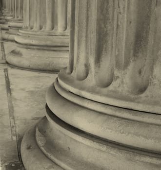 Monochrome Row of neoclassical pillars at St Georges Hall, Liverpool, UK Built in 1854