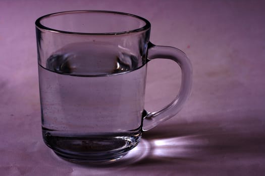 On a photo Glass of water on white background