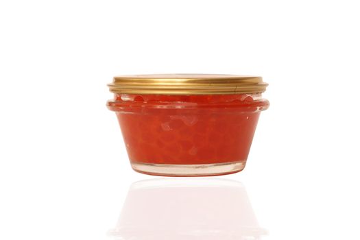 Red  fish caviar in the  glass containers on white.
