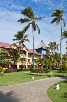 Palm trees surrounding a tropical resort in Dominican Republic.