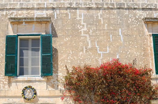 Sandstone wall with red flowers and a window with green shutters in Mdina, Malta.
