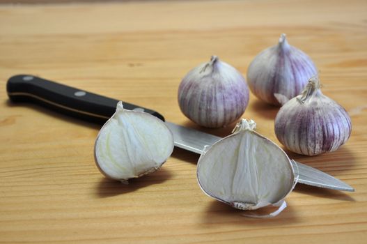 New exotic breed of garlic (Elephant garlic) that has only one clove! 3 whole garlics plus another one cut into two halves together with a knife on wooden cutting board.