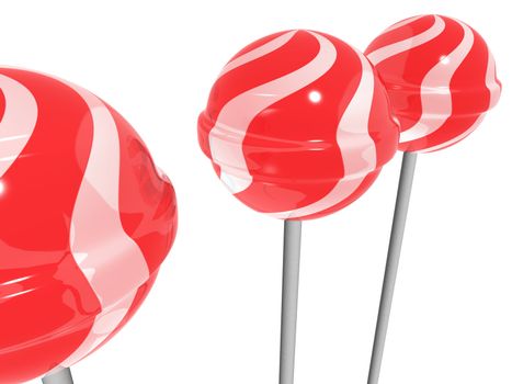3d rendering of three red and white lollipop on a white background