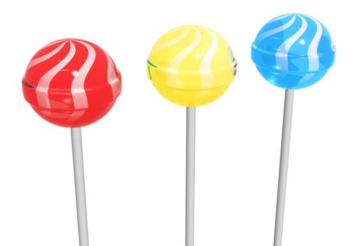 3d rendering of three different color lollipops on a white background