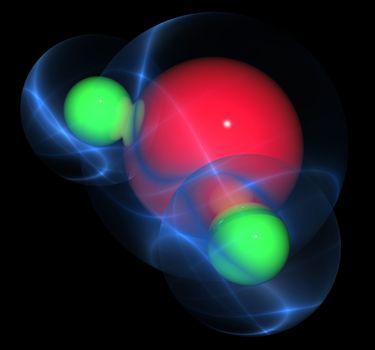 3D render of a water molecule using reflective and translucid material