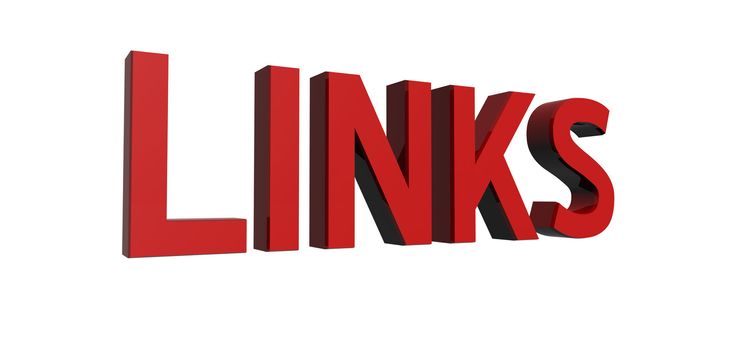 3D render of reflective red text on a white background, links