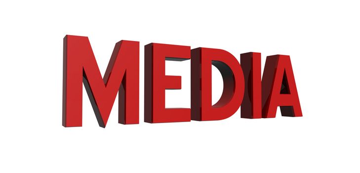 3D render of reflective red text on a white background, media