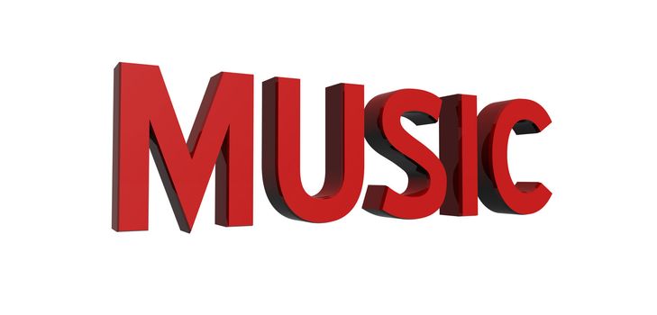 3D render of reflective red text on a white background, music