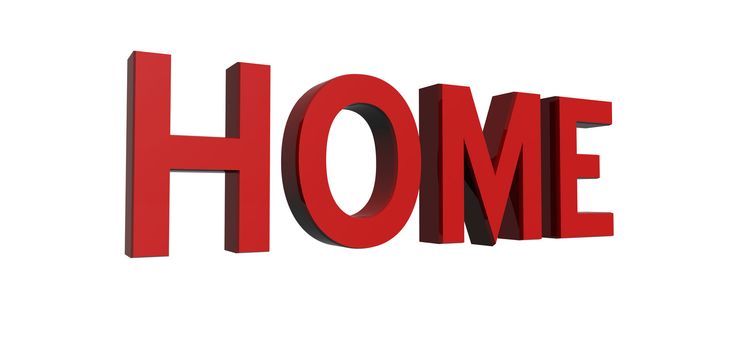 3D render of reflective red text on a white background, home