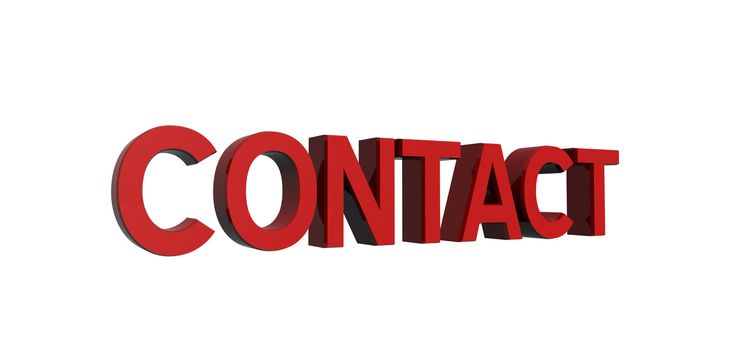 3D render of reflective red text on a white background, contact