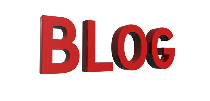 3D render of reflective red text on a white background, blog