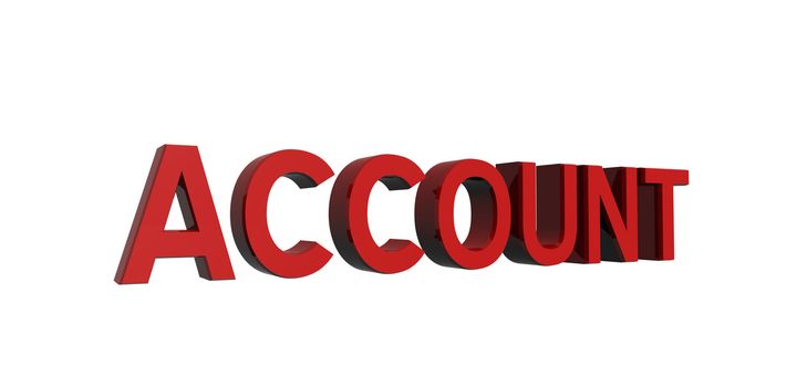 3D render of reflective red text on a white background, account