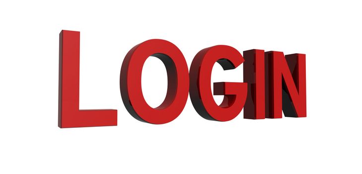 3D render of reflective red text on a white background, login