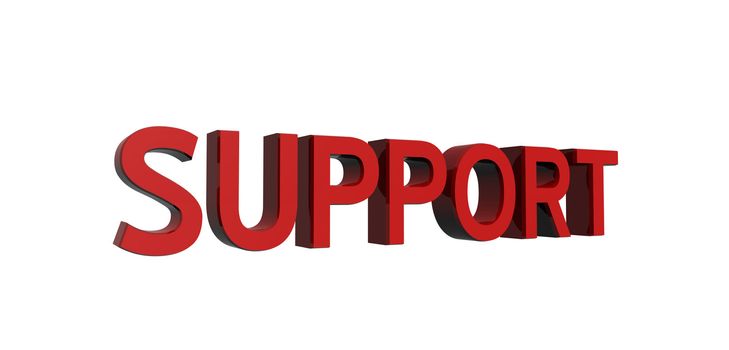 3D render of reflective red text on a white background, support