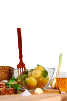 Isolated on white composition of bread, boiled potatos, bacon and other food ingredients