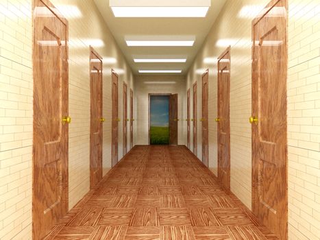 Corridor with a several of doors. 3D image.