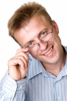 smiling man with glasses on a white background