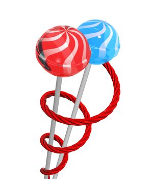 two lollipops wrapped with a red liquorice, on a white background