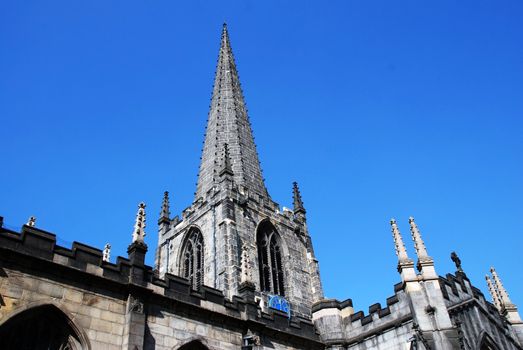 A photograph of the Anglican Cathedral in the city centre of Sheffield, a northern English city